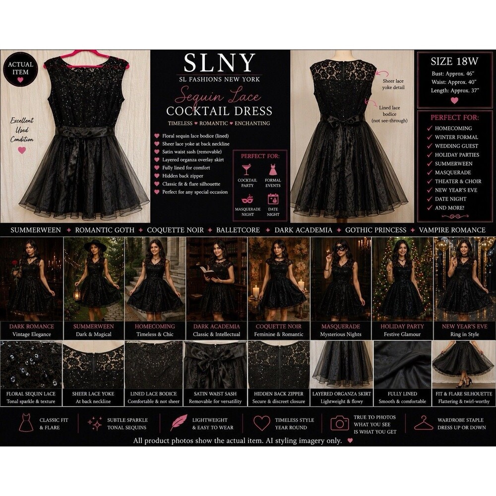 EUC SLNY Black Sequin Lace Organza Dress Summerween Goth Cocktail Party 18W